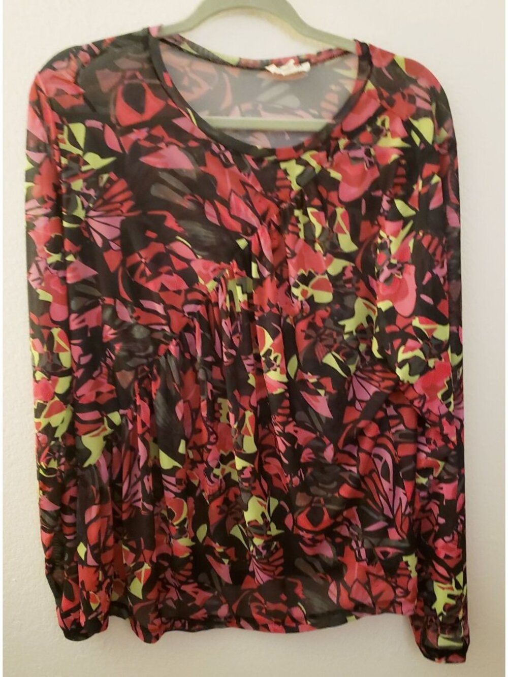 Open Edit Sheer Mesh Multicolor Long Sleeve Top With Ruching 3X EUC